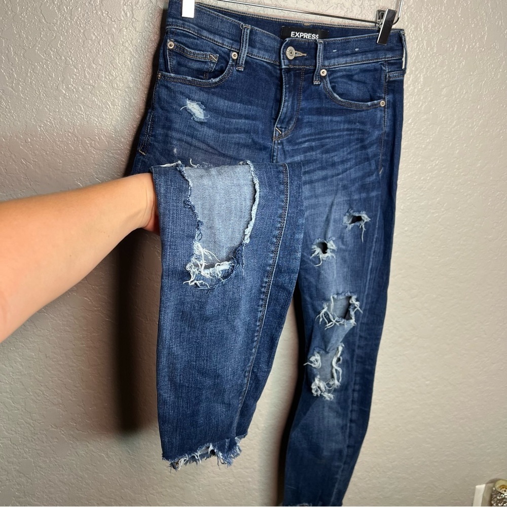 Express Skinny Ankle Stretch Mid Rise Ripped Jeans - Picture 4 of 11